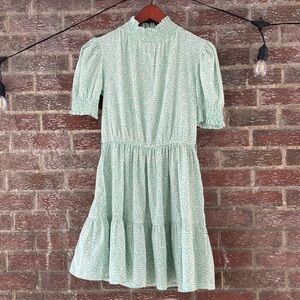 Cyan floral turtleneck dress with puff sleeves